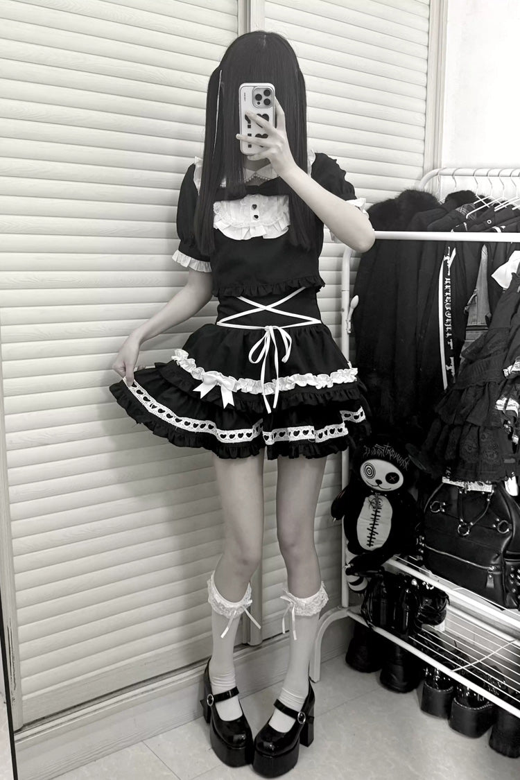 Black [Starry Tulle] Doll Collar Short Sleeves Double-Layered Ruffled Bow Gothic Jirai Kei Japanese Skirt Set - Product - 2