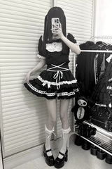 Black [Starry Tulle] Doll Collar Short Sleeves Double-Layered Ruffled Bow Gothic Jirai Kei Japanese Skirt Set - Product - 2