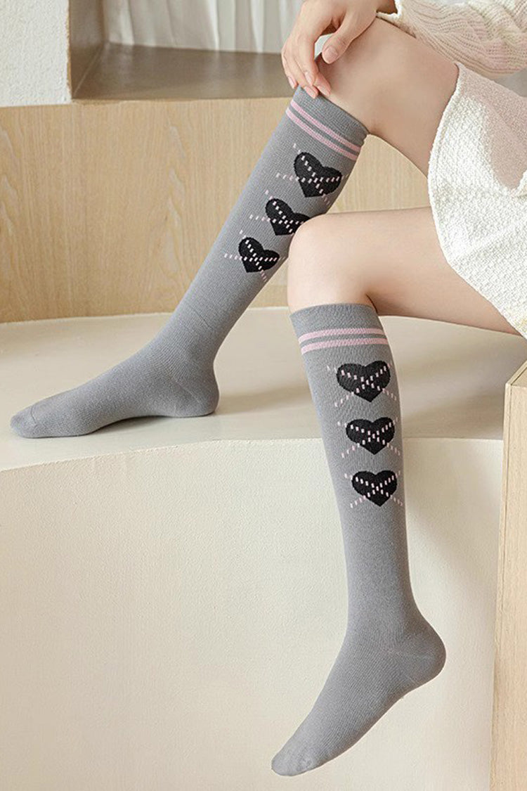 Pearl Knee-High Print Sweet Lolita Socks 4 Colors - Grey - 2