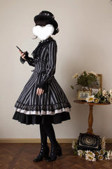 Black Stand Collar Long Sleeves Multi-layer Striped Print Ruffle Gothic Lolita Dress - Product - 9