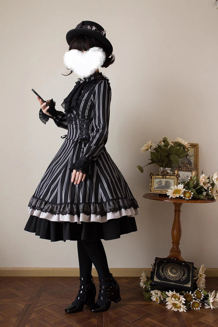 Black Stand Collar Long Sleeves Multi-layer Striped Print Ruffle Gothic Lolita Dress - Product - 9