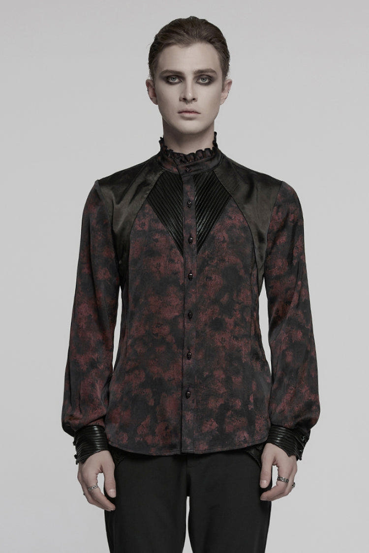 Black/Red Stand Collar Long Sleeves Ruffle Pleated Men's Gothic Blouse - Black/Red - 1