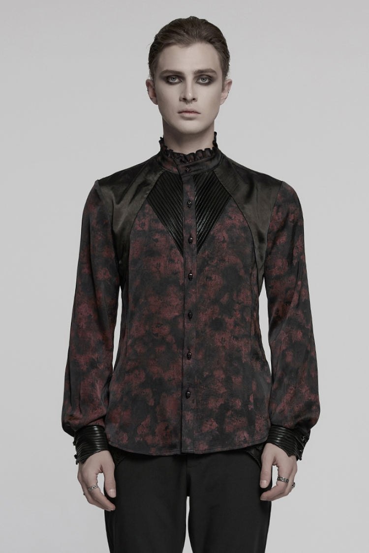 Black/Red Stand Collar Long Sleeves Ruffle Pleated Men's Gothic Blouse - Black/Red - 1