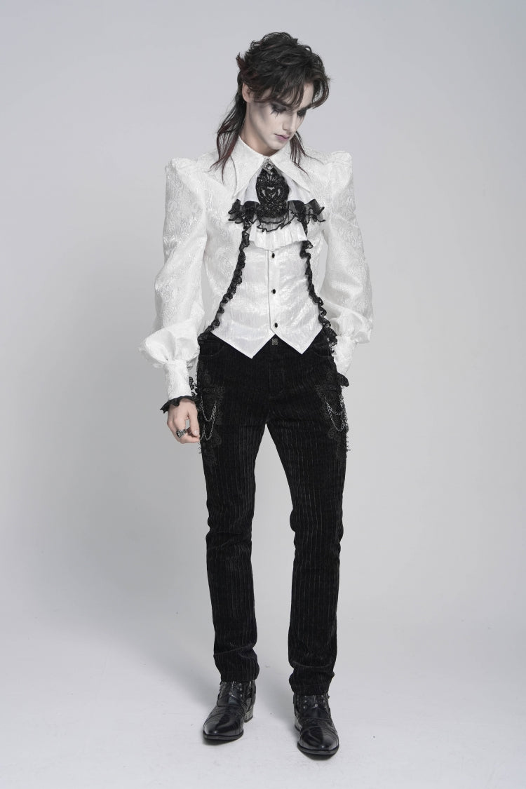 White Lapel Collar Long Sleeves Jacquard Swallow-tailed Lace Men's Gothic Palace Shirt - Product - 9