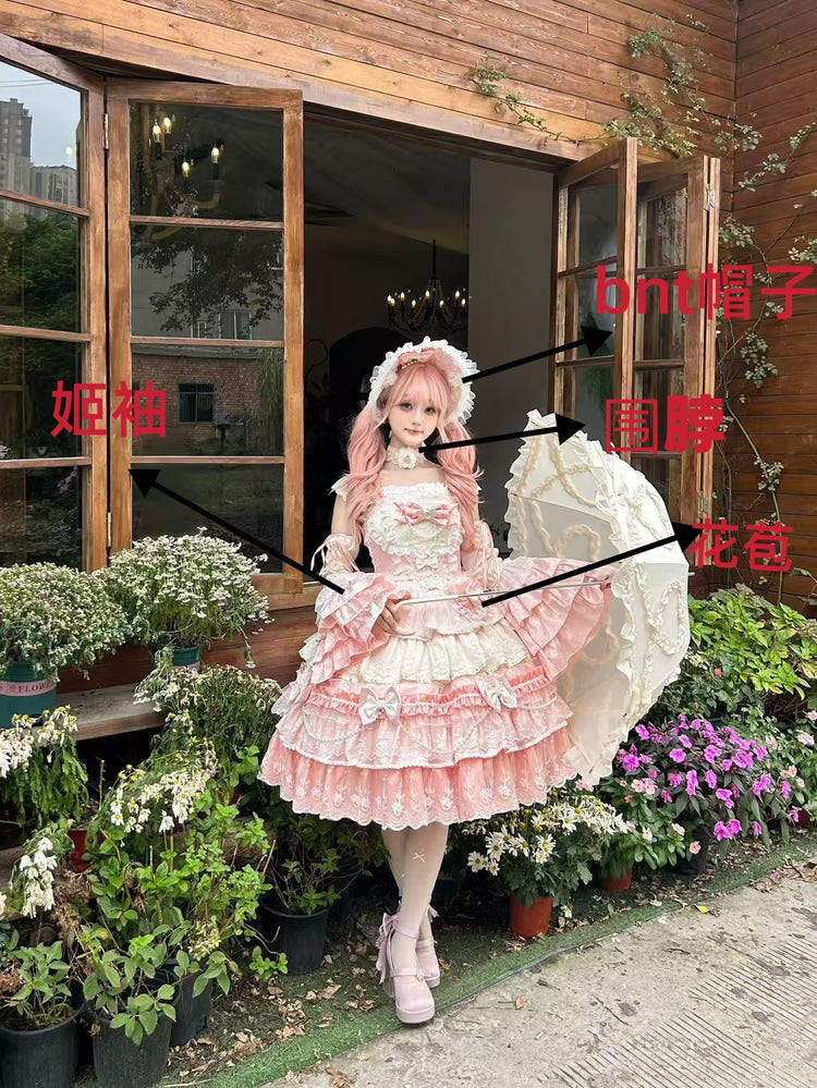 Pink [Falling Sakura] Multi-Layered Ruffled Hanayome Bow Lace Sweet Plus Size Princess Lolita Jsk Dress - Product - 5