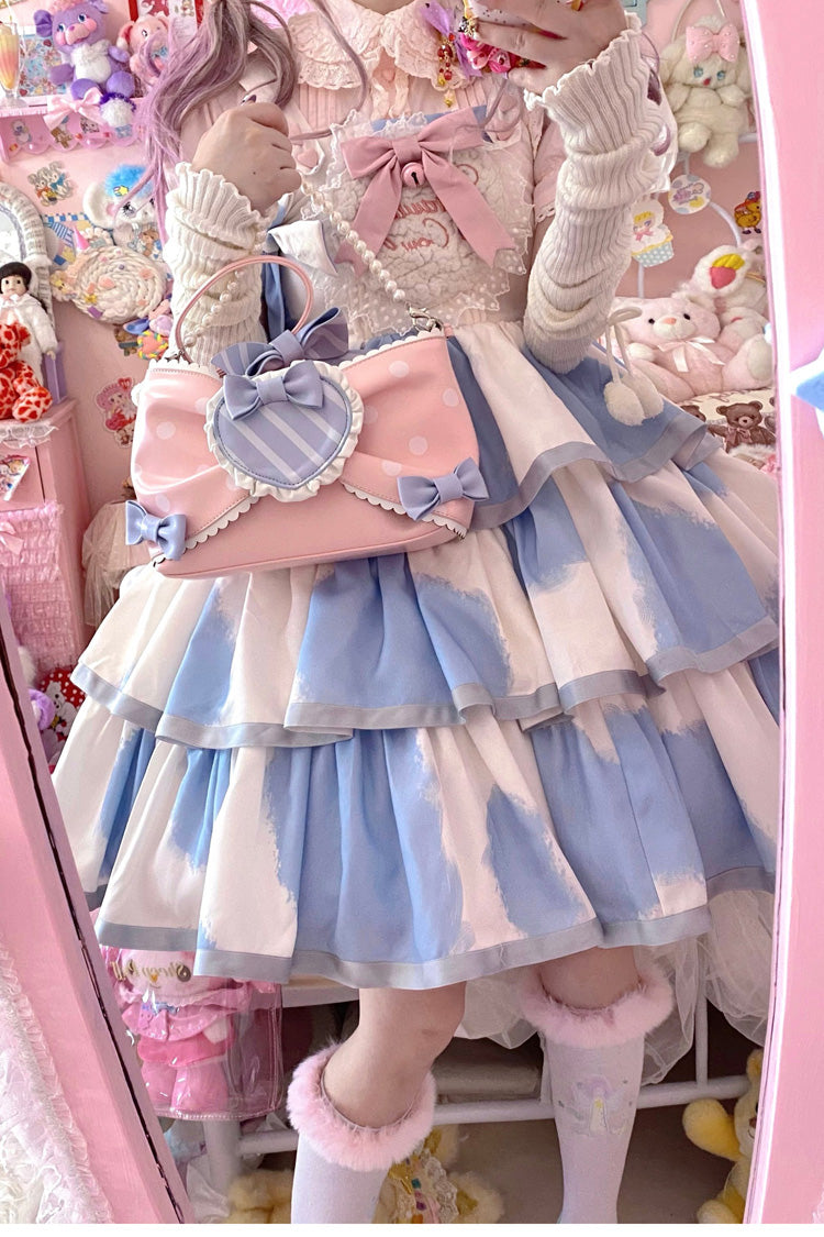 Blue Sleeveless Triple-Layered Cow Print Ruffle Bowknot Sweet Lolita Jsk Dress - Product - 10