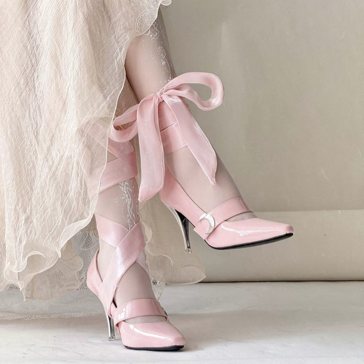Pink Lace-Up Sweet Elegant Lolita High Heel Shoes - Pink - 1
