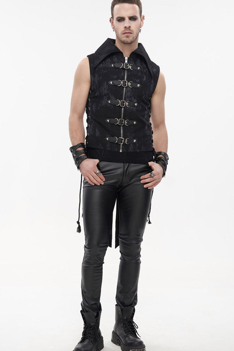 Black Punk Irregular Print D-Shaped Buckle Decoration Waist Side Slits Tied Rope Tight Zipper Men's Dovetail Vest - Black - 9