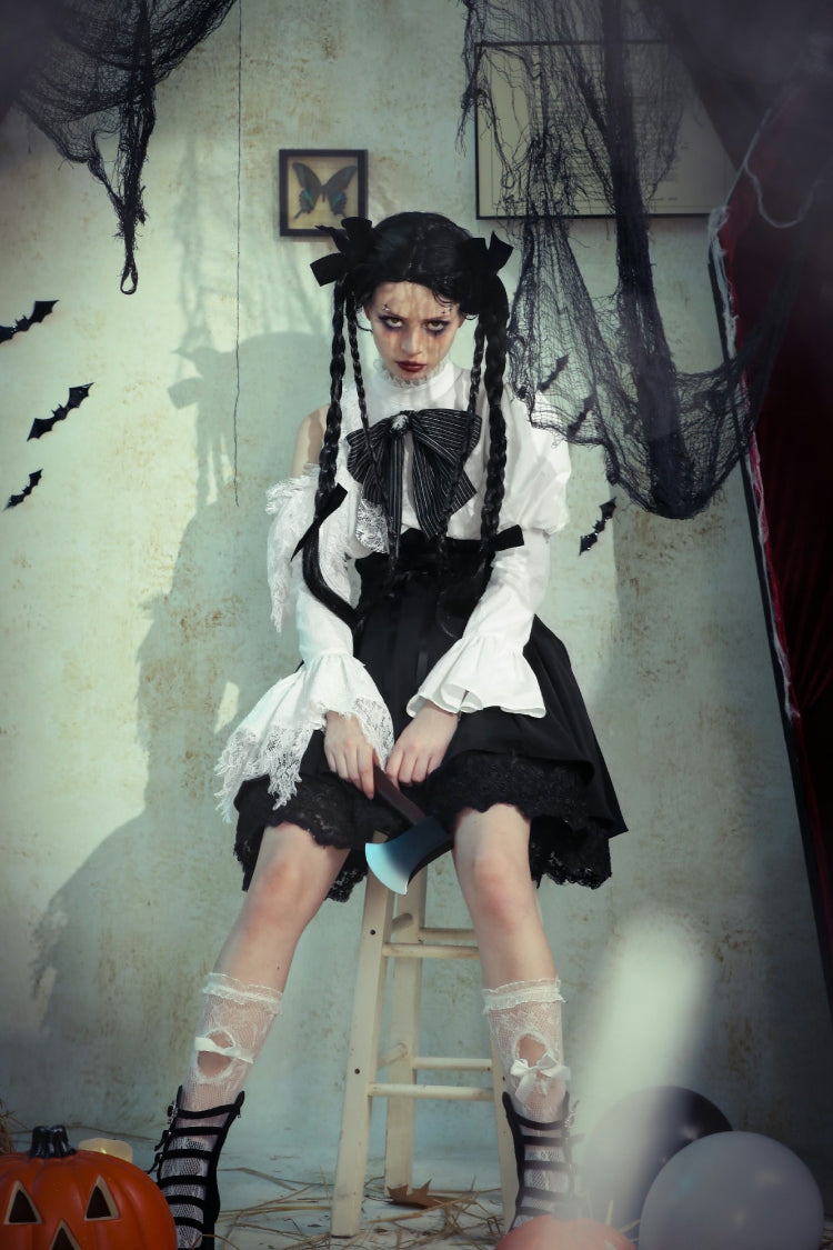 Black/White Lace High Collar Asymmetric Long Trumpet Puff Sleeves Bowknot Women's Lolita Gothic Short Dress - Product - 18