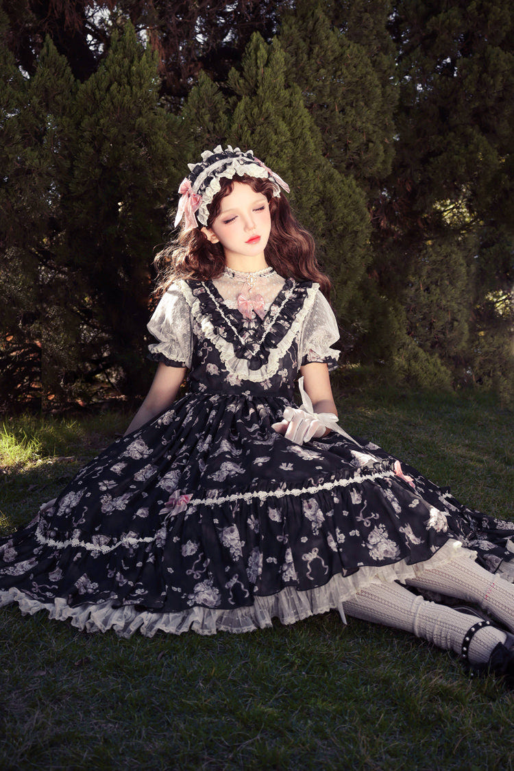 [Daydream Rose] Short Sleeves Floral Jacquard Print Ruffle Embroidery Bowknot Sweet Lolita Dress 3 Colors - Product - 22