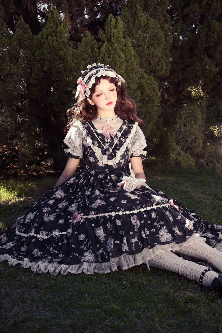 [Daydream Rose] Short Sleeves Floral Jacquard Print Ruffle Embroidery Bowknot Sweet Lolita Dress 3 Colors - Product - 22