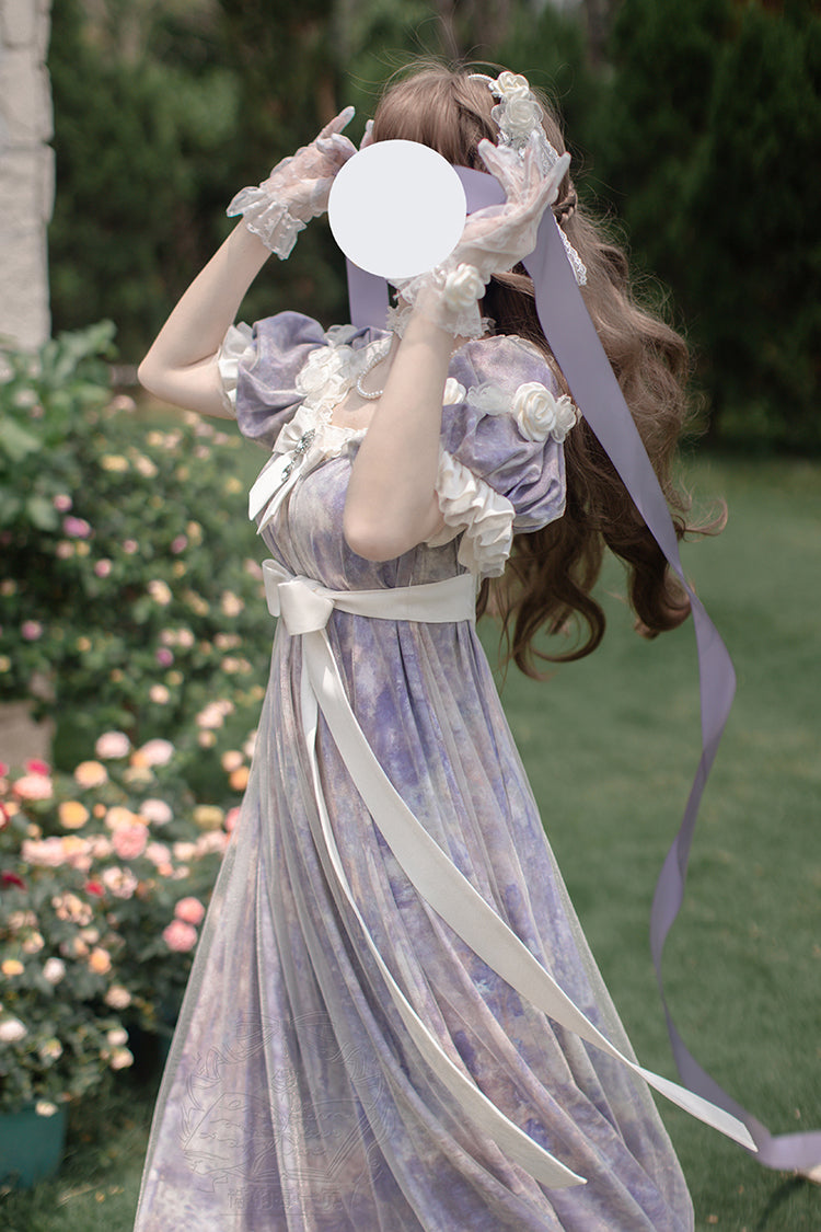 Purple [Oil Painting Sun and Moon Poem] Short Sleeves Print Ruffle Bowknot Sweet Princess Lolita Dress - Product - 11