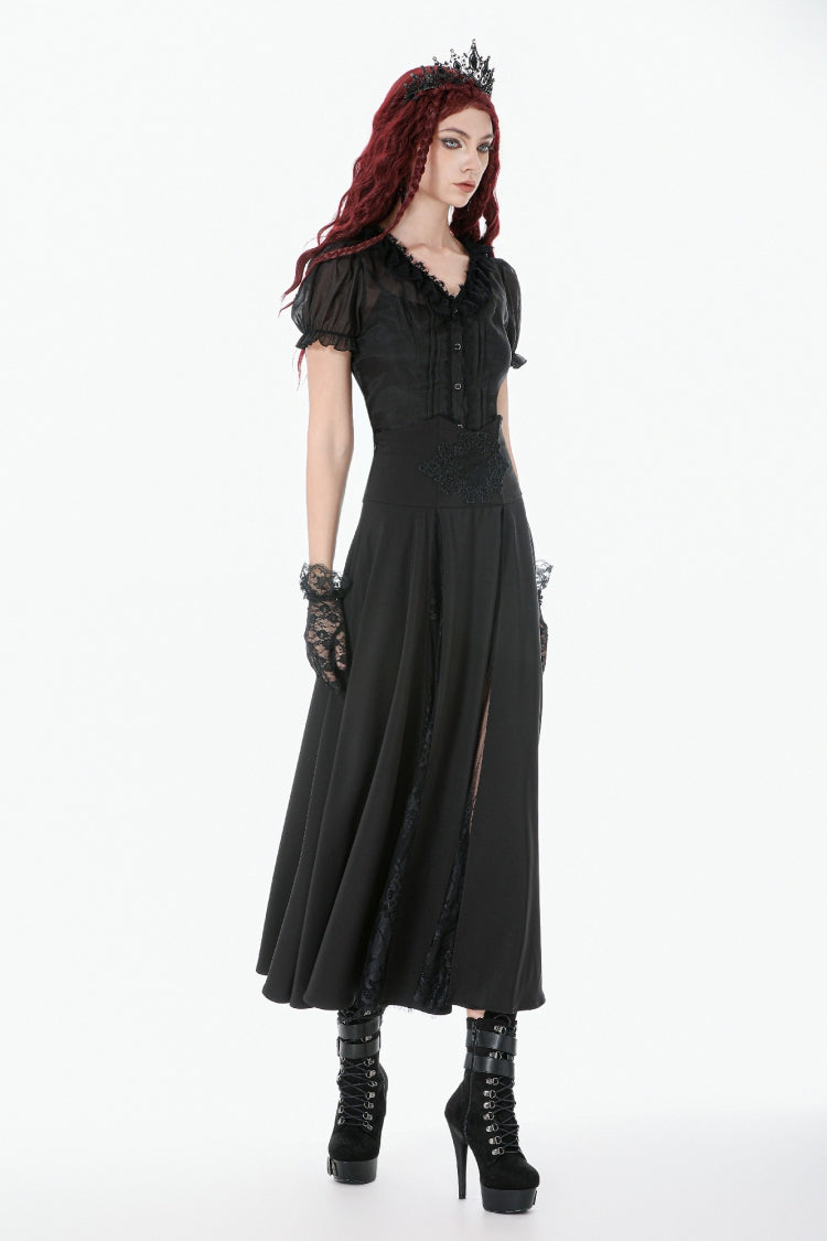 Black High Waisted Floral Printed Lace Mesh Women's Gothic Elegant Long Skirt - Product - 6