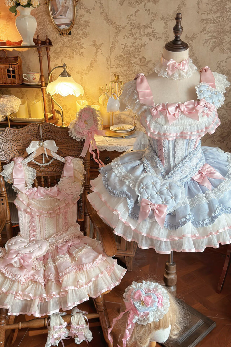 Blue Triple-Layered Ruffled Bow Lace-Up Slim Ballet Sweet Lolita Dress - Product - 13