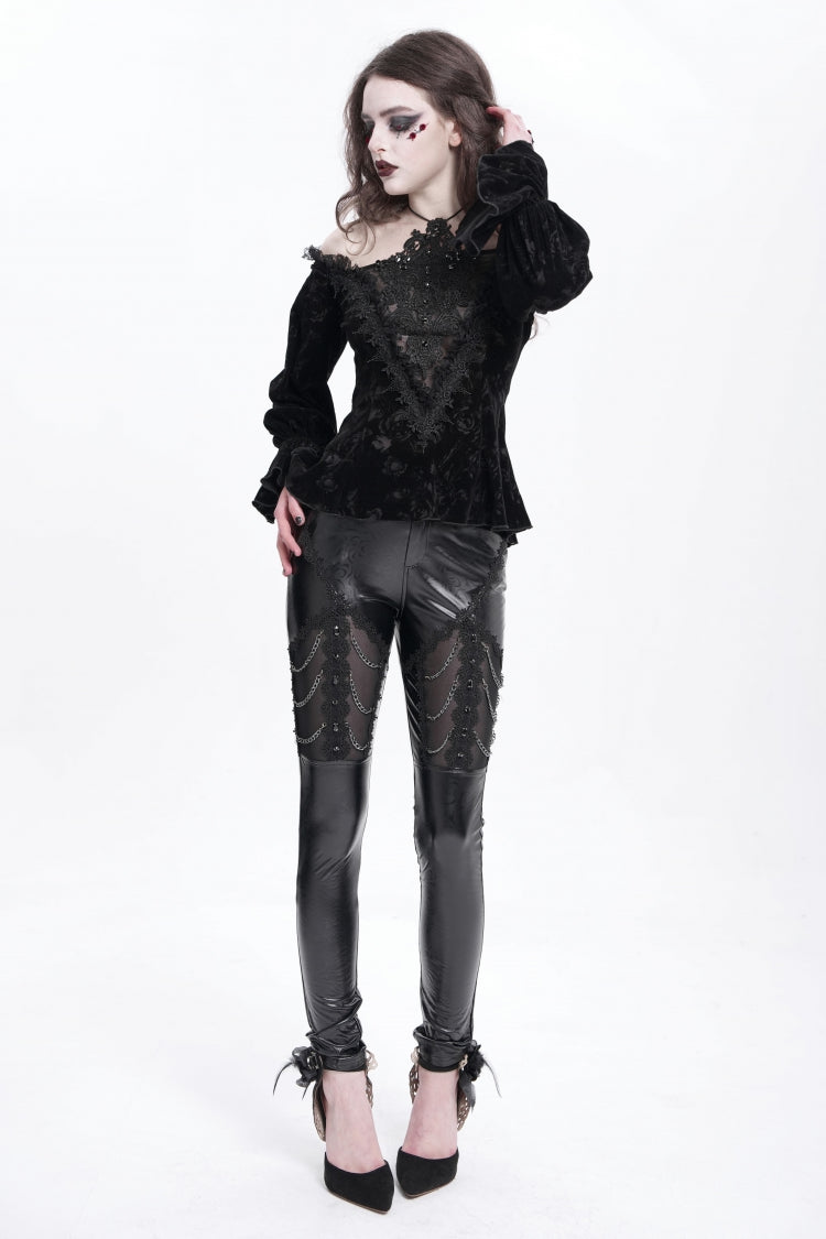 Black Off Shoulder Hollow Embroidery Women's Gothic Blouse - Product - 10