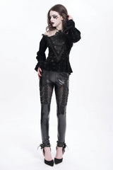 Black Off Shoulder Hollow Embroidery Women's Gothic Blouse - Product - 10