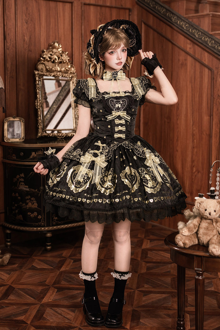 Black/Gold [Sugar Bear] Jacquard Ruffled Bow Lace Sweet Classic Lolita Dress 2 Versions - Product - 5