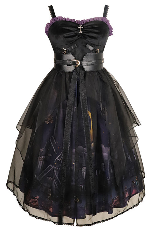 Black Witch Town Print With Veil Gothic Lolita JSK Dress - Product - 8