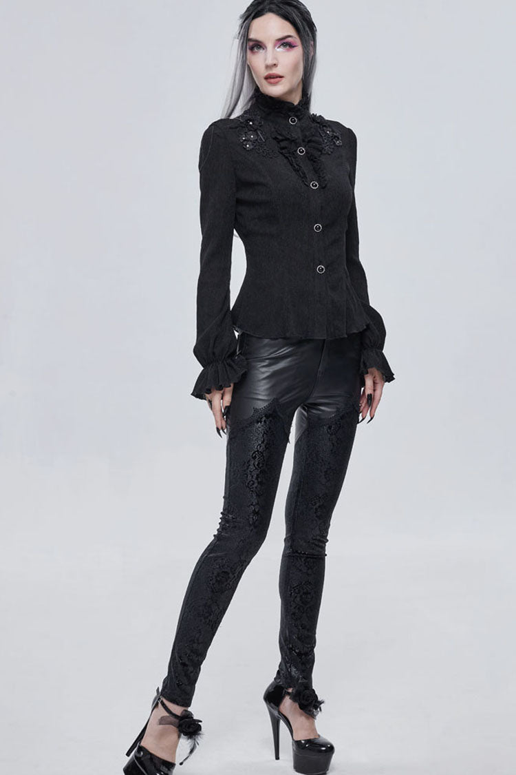 Black Gothic Metal Rose Button Leather Lace Panel Slim Fit Women's Long Pants - Product - 6