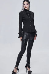 Black Gothic Metal Rose Button Leather Lace Panel Slim Fit Women's Long Pants - Product - 6