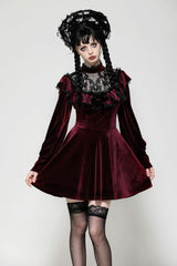 Red Long Sleeves Crochet Velvet Dress Women's Gothic Graduation Dress - Red - 1