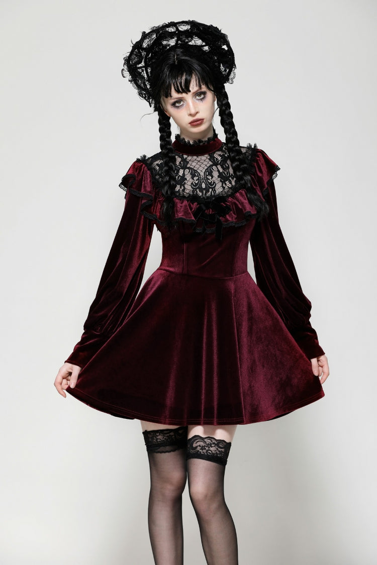 Red Long Sleeves Crochet Velvet Dress Women's Gothic Graduation Dress - Red - 1