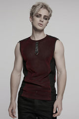 Black/Red Round Collar Sheer Mesh Color Matching Rivet Men's Punk Vest - Black/Red - 1