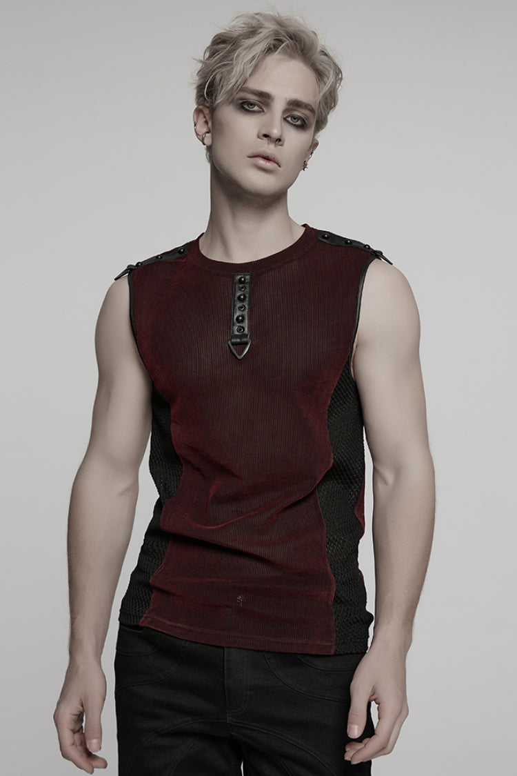 Black/Red Round Collar Sheer Mesh Color Matching Rivet Men's Punk Vest - Black/Red - 1