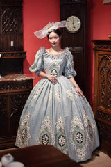 Blue Medieval Court Print Embroidery Vintage Princess Lolita Victorian Dress - Product - 4