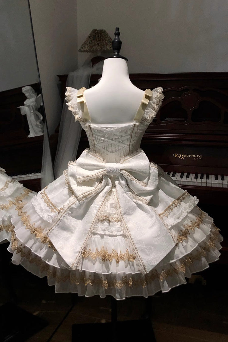 White [Gilded Memories] Sleeveless Double-Layered Ruffle Hot Stamping Bowknot Lace Sweet Lolita Jsk Dress - Product - 2