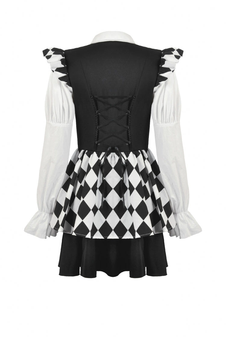 Black/White Harlequin Sharp Point Collar Long Puff Sleeves Women's Lolita Gothic Dress - Product - 16