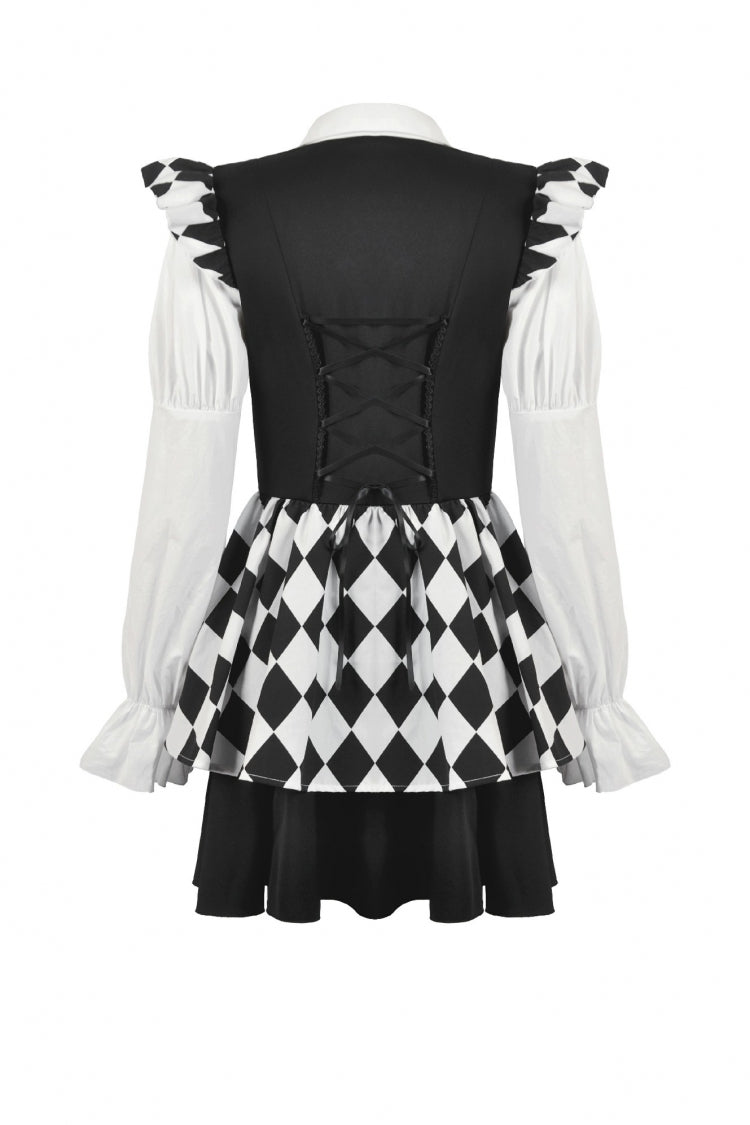 Black/White Harlequin Sharp Point Collar Long Puff Sleeves Women's Lolita Gothic Dress - Product - 16