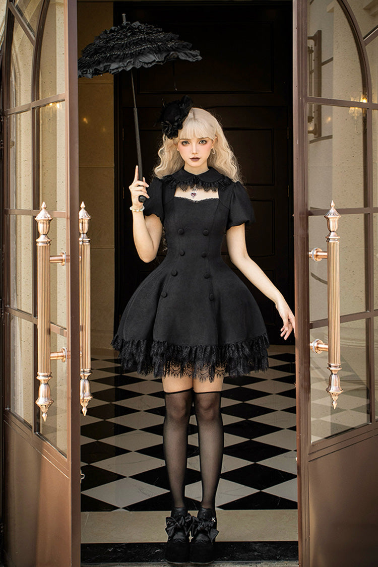 Black [Midnight Whisper] Double-breasted Short Sleeves Hollow Gothic Lolita Dress - Product - 2