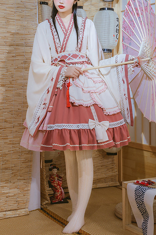 Beige/Pink Wide Sleeved Multi-Layered Ruffle Sweet Lolita OP Dress - Beige/Pink - 1