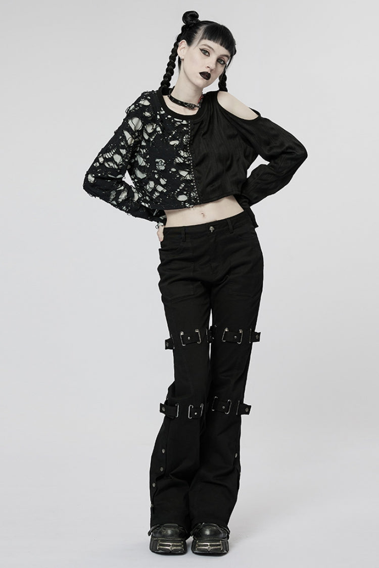 Black Metal Buckles Straps Women's Steampunk Flared Pants - Product - 4