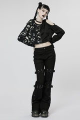 Black Metal Buckles Straps Women's Steampunk Flared Pants - Product - 4