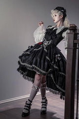 Black [Night Rose] Ruffle Bowknot Lace-Up Short Front and Long Back Gothic Gorgeous Lolita Jsk Dress - Product - 4