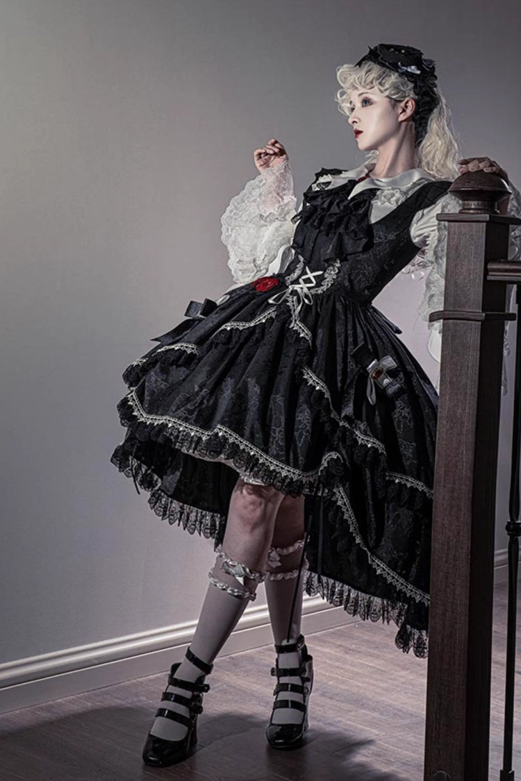 Black [Night Rose] Ruffle Bowknot Lace-Up Short Front and Long Back Gothic Gorgeous Lolita Jsk Dress - Product - 4