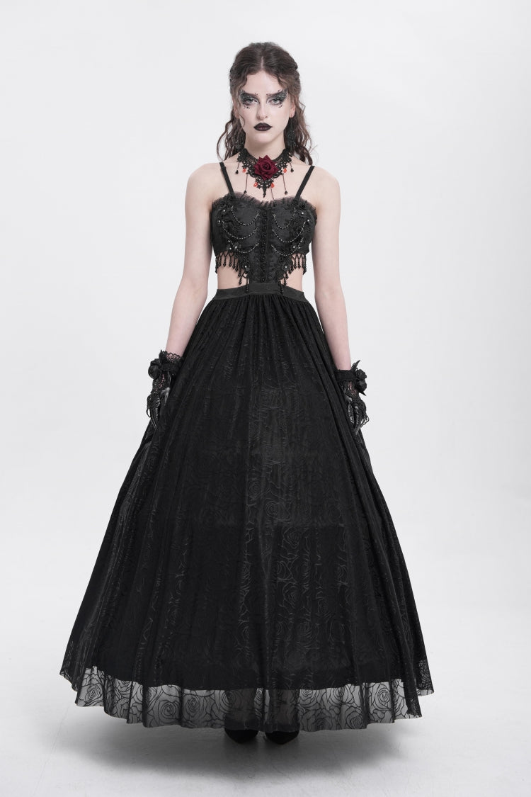 Black Jacquard Floral Embroidery Lace Ripped Women's Gothic Party Slip Dress - Black - 1
