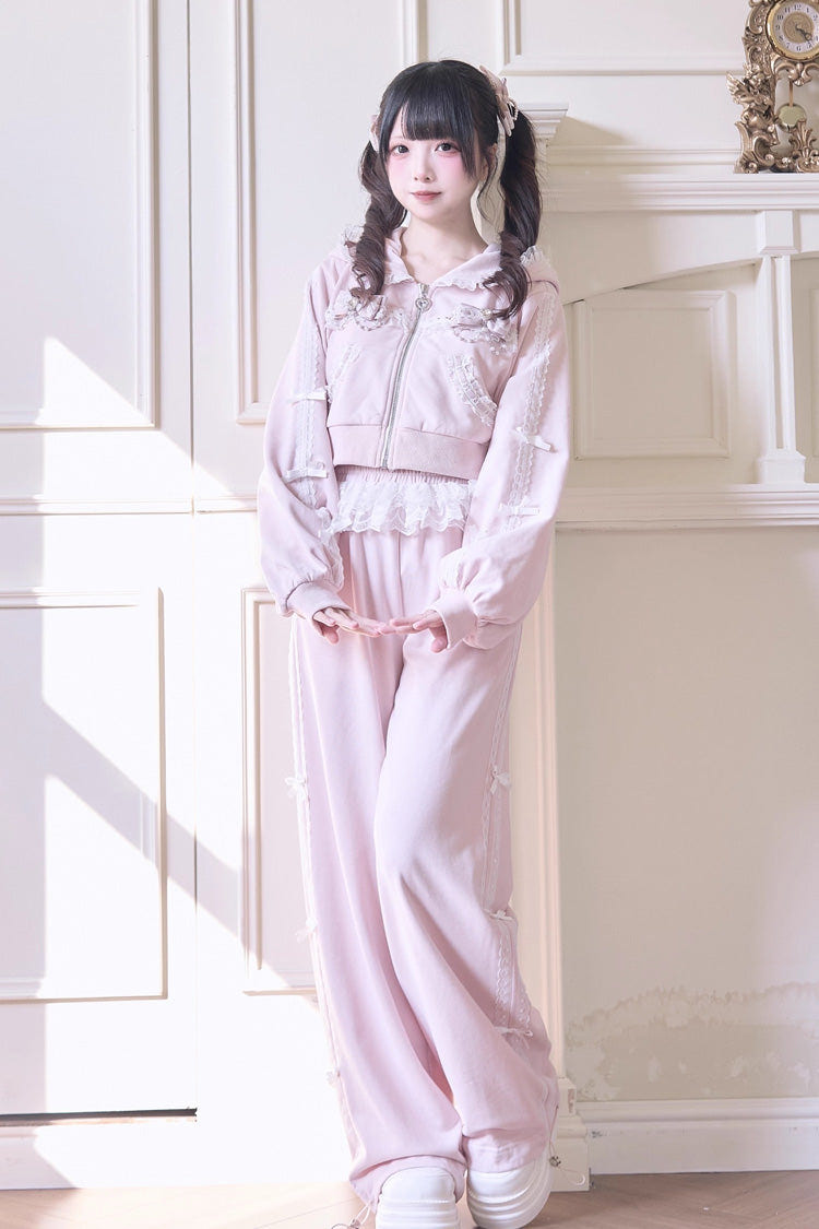 Sweet Long Sleeves Bowknot Lace Hooded Jirai Kei Hoodie Pants Set 3 Colors - Product - 2