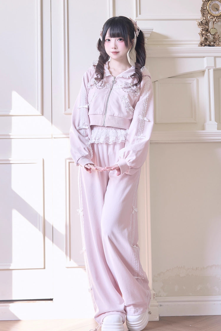 Sweet Long Sleeves Bowknot Lace Hooded Jirai Kei Hoodie Pants Set 3 Colors - Product - 2