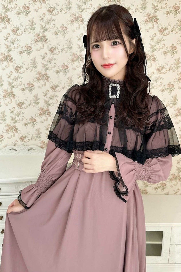 Lace Cape Long Sleeves Bowknot Slim Jirai Kei Japanese Dress 5 Colors - Rose-Red - 3