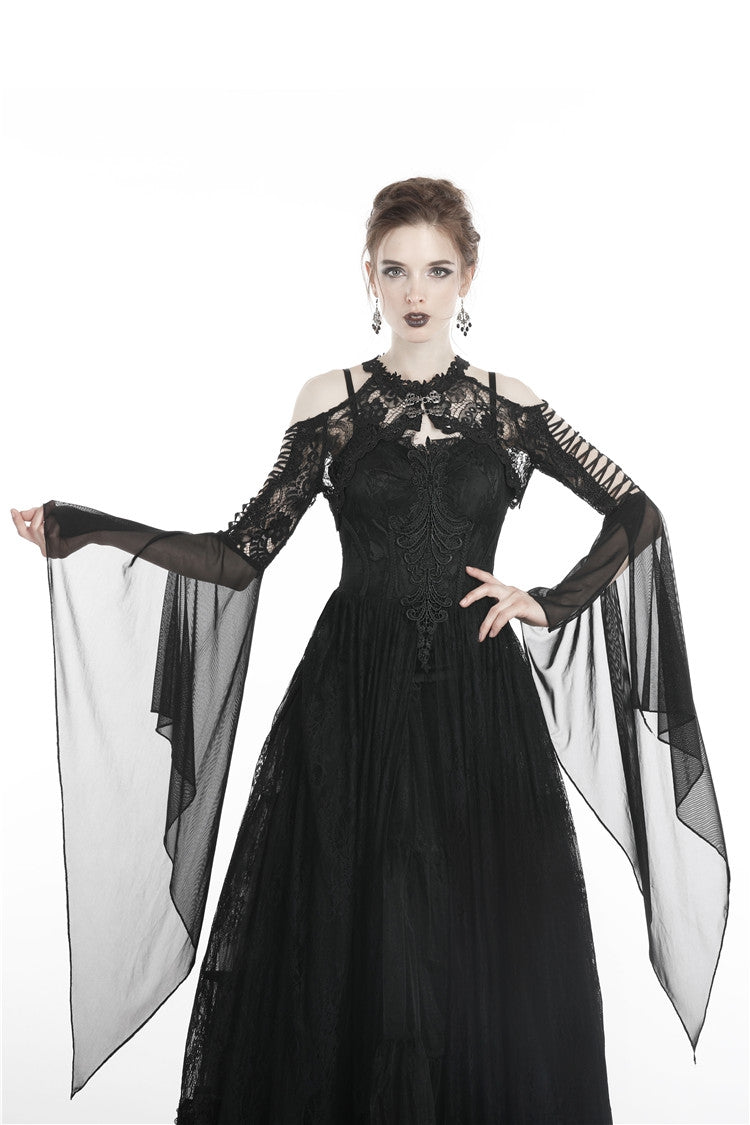 Black Off Shoulder Sheer Lace Long Trumpet Chiffon Sleeves Cut-Out Women's Gothic Capelet - Product - 9