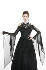 Black Off Shoulder Sheer Lace Long Trumpet Chiffon Sleeves Cut-Out Women's Gothic Capelet - Product - 9