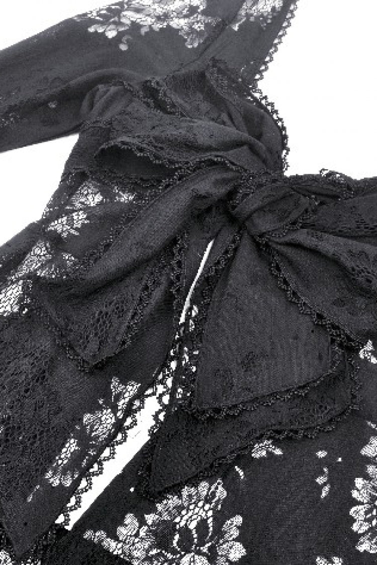 Black Long Flared Sleeves Lace Trimmed Lace-Up Women's Gothic Elegant Robe - Product - 14