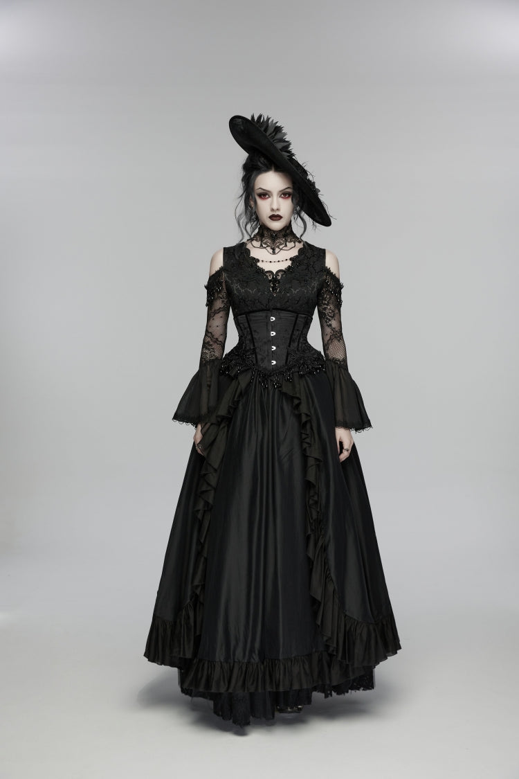 Black Jacquard Lace-Up Slim Women's Gothic Tassels Corset - Product - 2