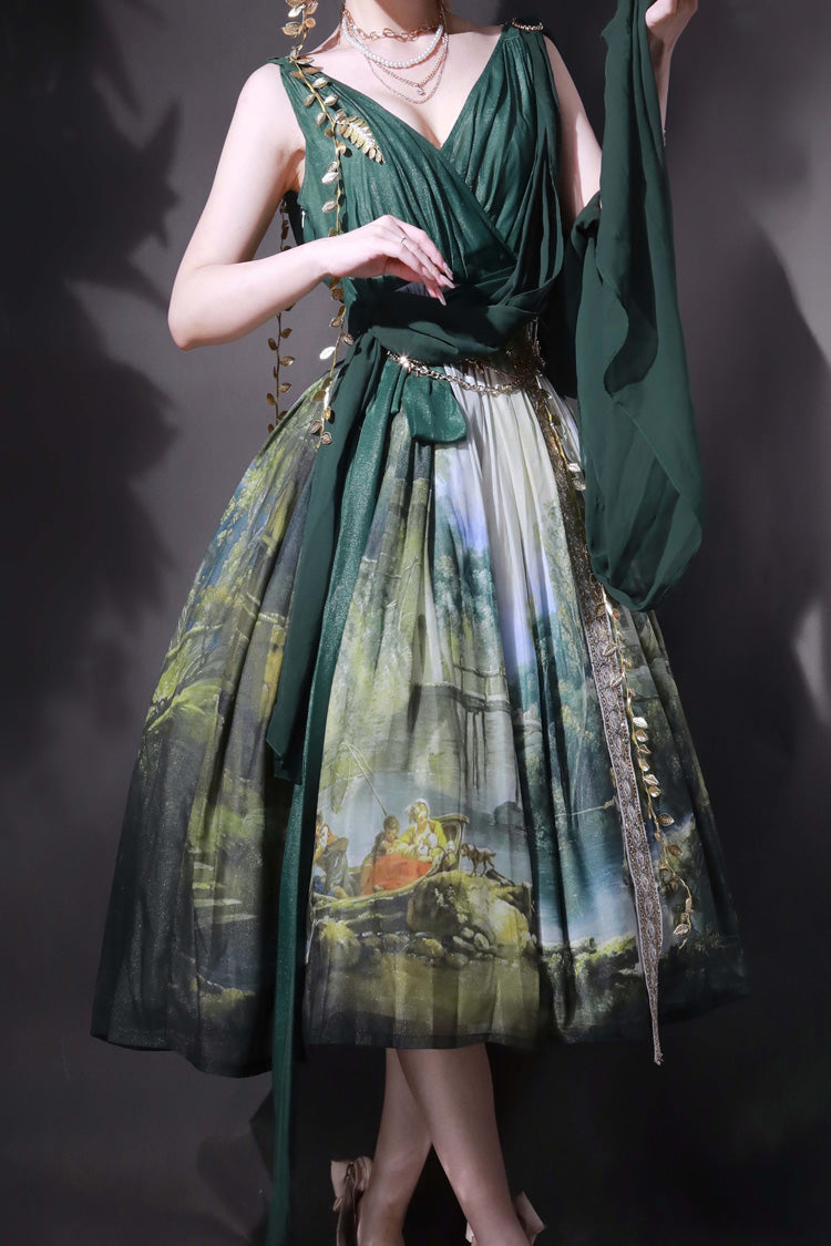 Green [Grace in Favor] V Collar Sleeveless Oil Painting Printed Sweet Lolita Jsk Dress - Product - 9