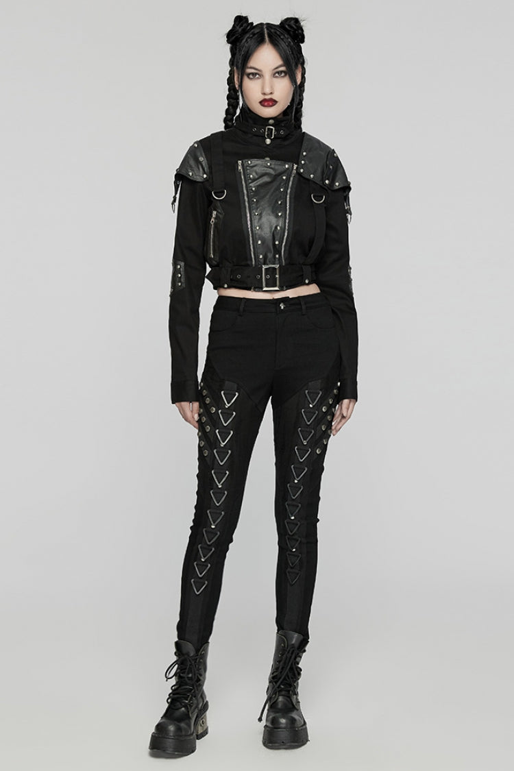 Black Triangular Stitching Mesh Buckle Women's Punk Pants - Product - 4