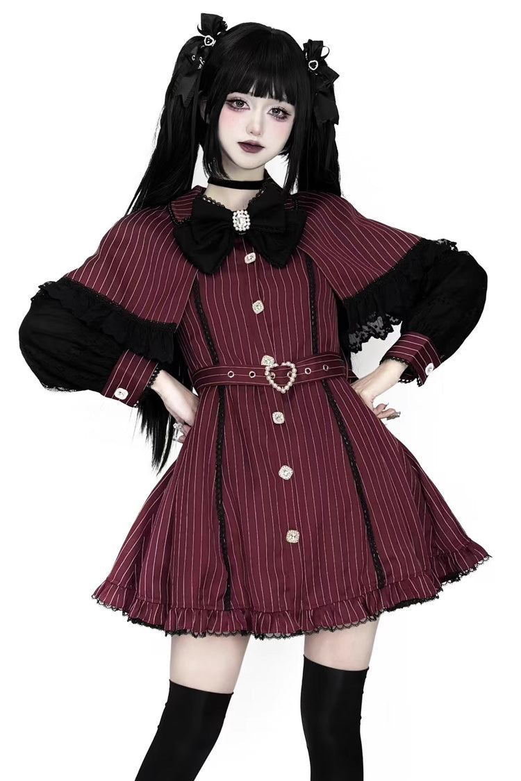 Red Long Sleeves Stripe Print Removable Cape Ruffle Lace Gothic Jirai Kei Elegant Dress - Red - 1