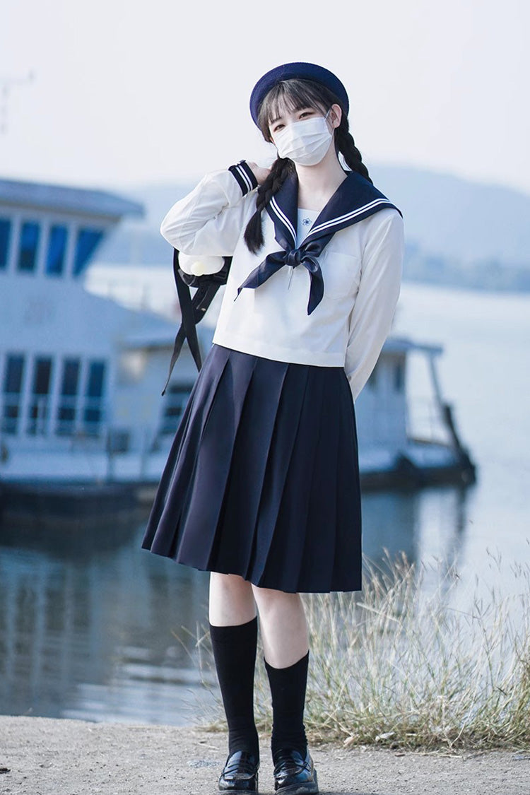 White/Dark Blue Long Sleeves Sweet Japanese School Skirt Set - Product - 3